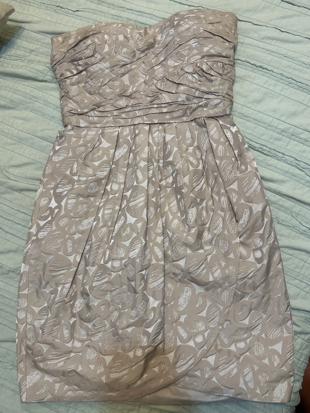 Max & Cleo Strapless Taupe Dress with Silver Metallic Pattern